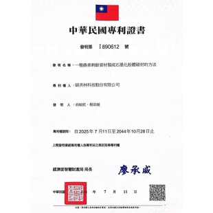 CML-20250711-碳美林發明專利-I890612 一種農業乘餘資材製成石墨化粉體碳材的方法.jpg CML-20250711-碳美林發明專利-I890612 一種農業乘餘資材製成石墨化粉體碳材的方法.jpg